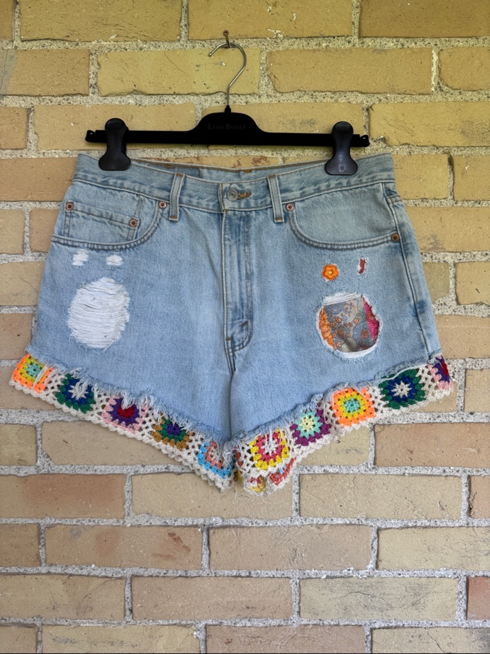 Levi's Light Blue Denim Shorts - Handmade Patchwork with Colorful Crocheted Trim